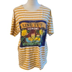 Vintage King Tut Lemons Santa Barbara Yellow-Gold Striped Beaded Retro T Shirt L
